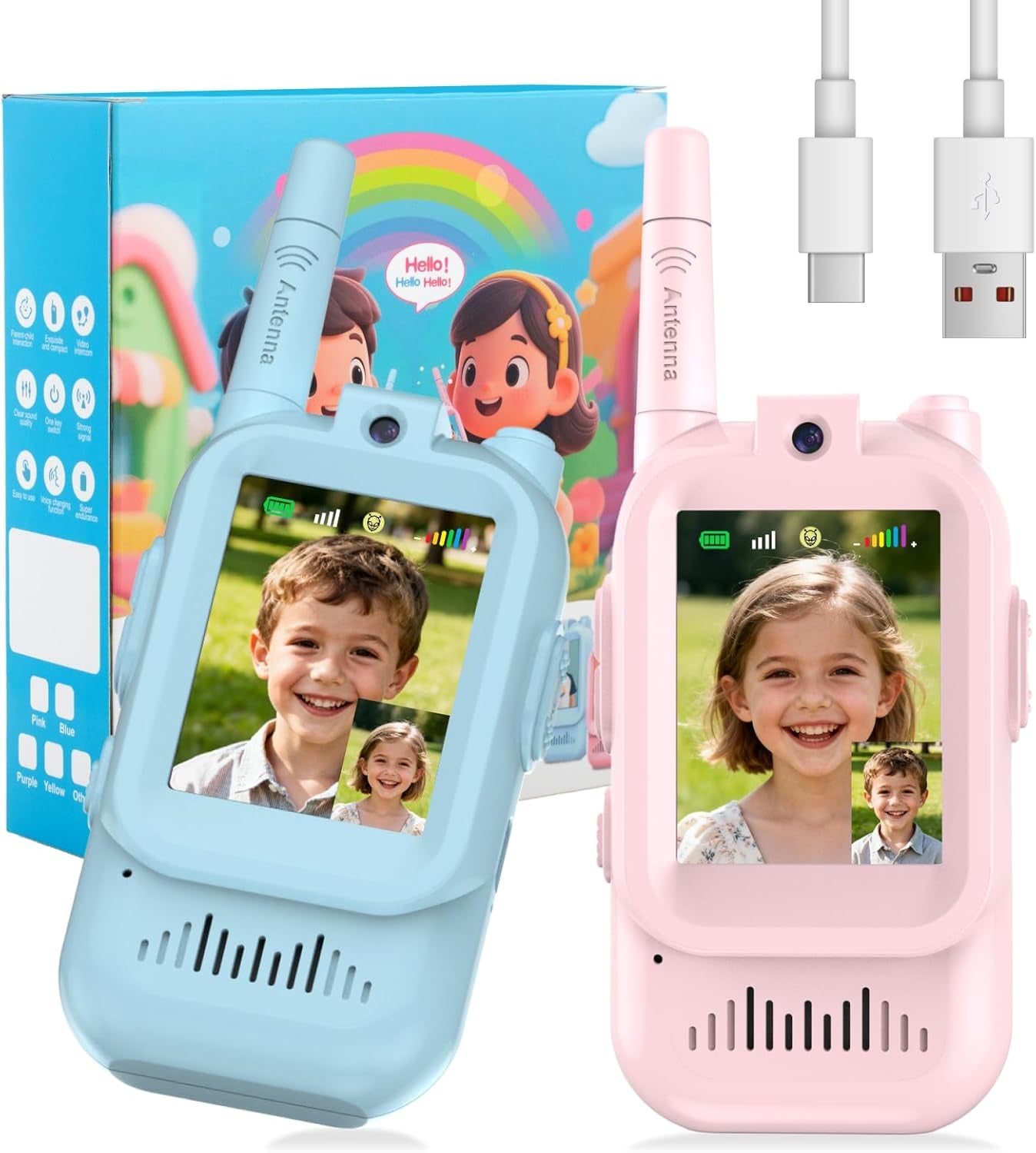 Video Walkie Talkie Toys for Age 3-12 Boys Girls, 2 Pack Rechargeable Walkie Talkies with Screen,Long Range 2 Way Radio with 4 Voice Effects, Christmas Birthday Gifts for Kids Indoor Outdoor Camping